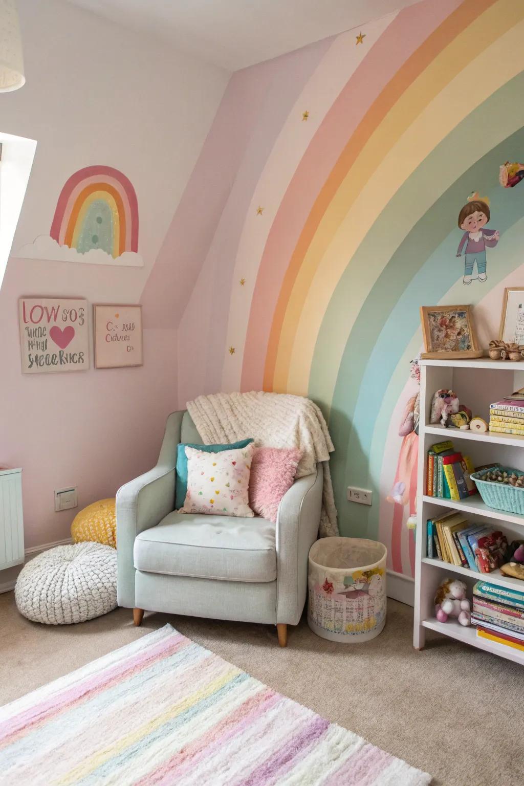 A pastel rainbow wall that adds a touch of magic to a girl's room.