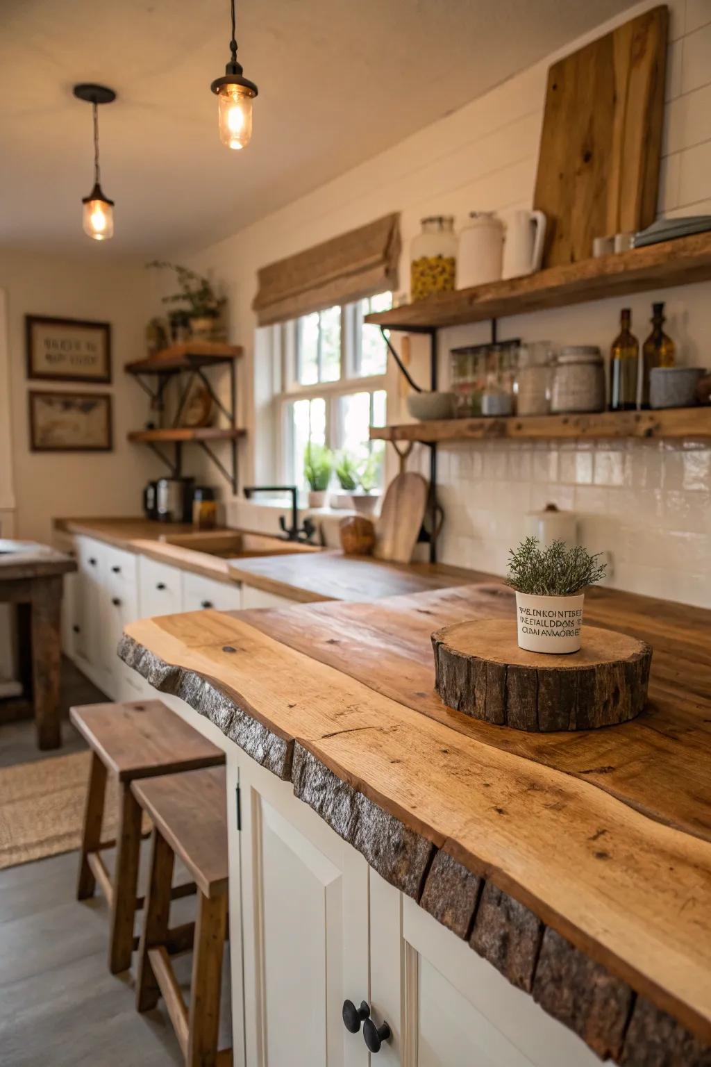 A kitchen where the raw beauty of a raw edge countertop becomes a focal point.