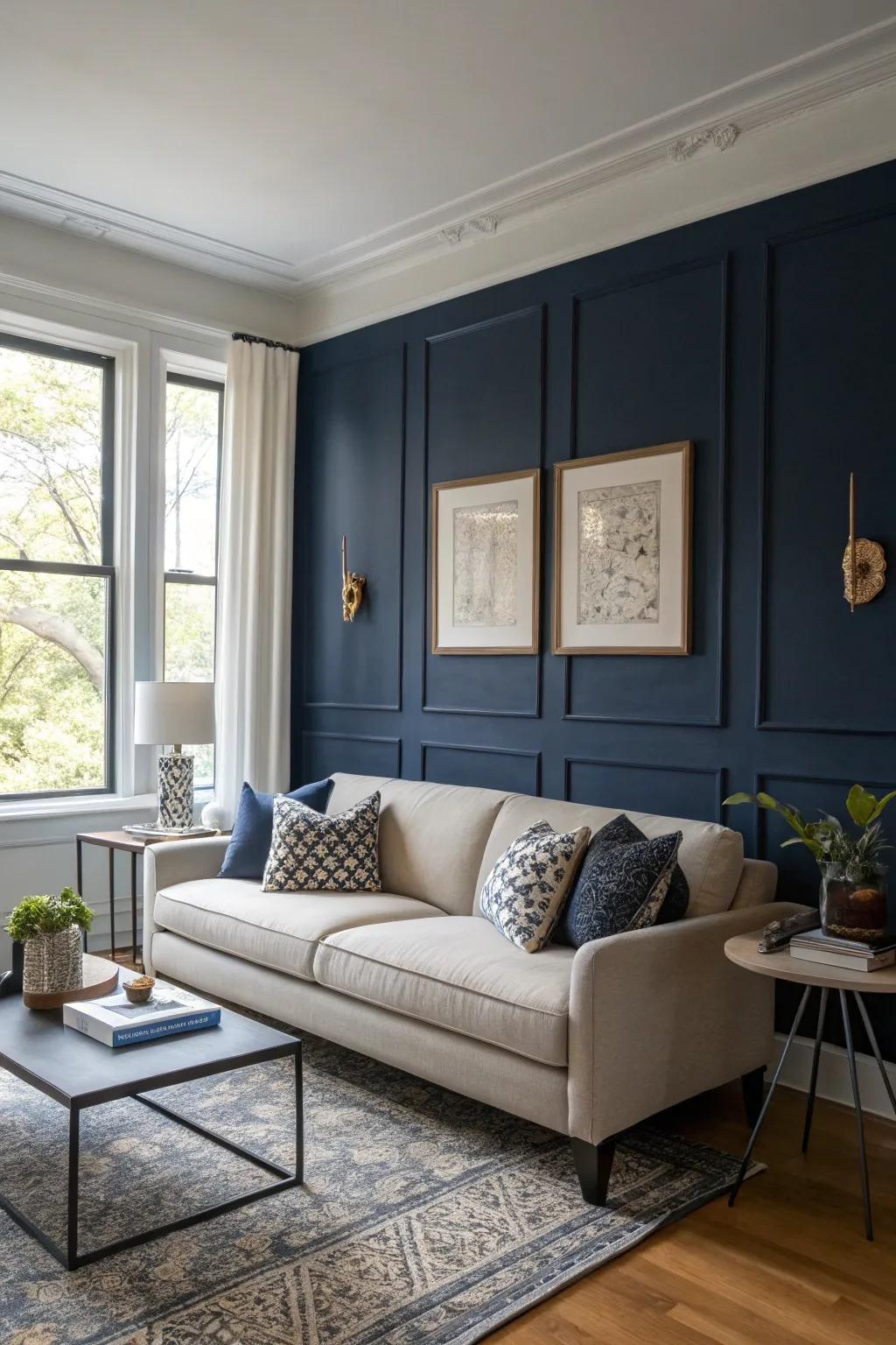 A navy blue accent wall brings depth and elegance to this modern living room.