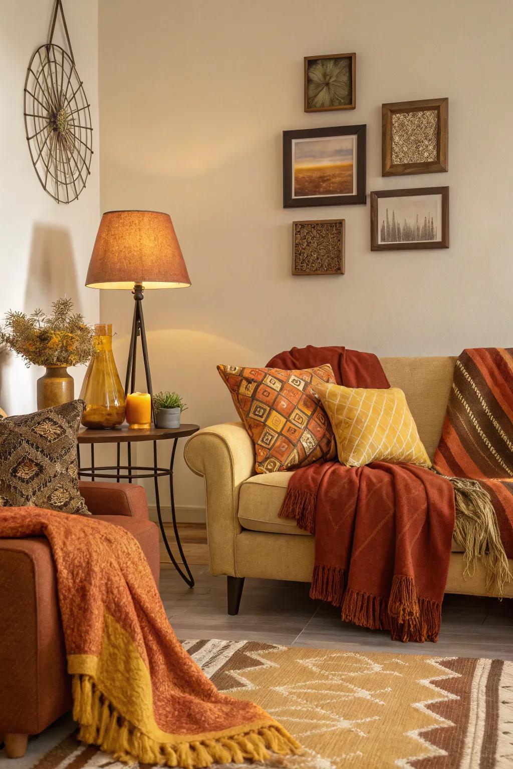 Warm tones of orange, brown, and yellow transform this living room into a fall retreat.