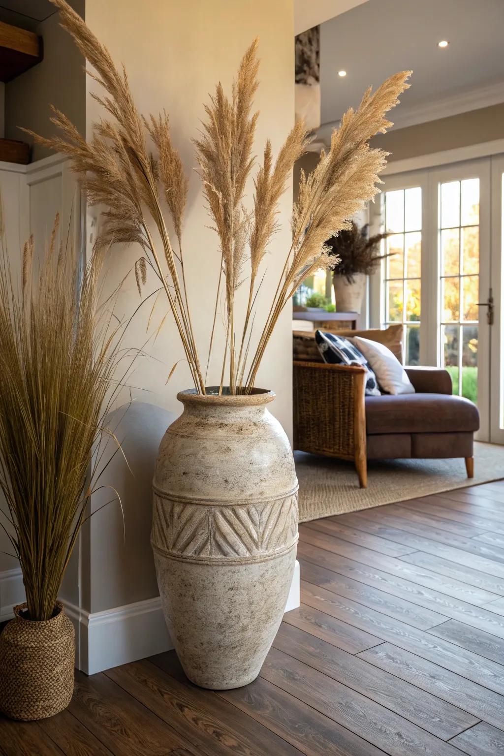 A sizable ceramic vase holding pampas grass provides an artistic vibe to any living room.