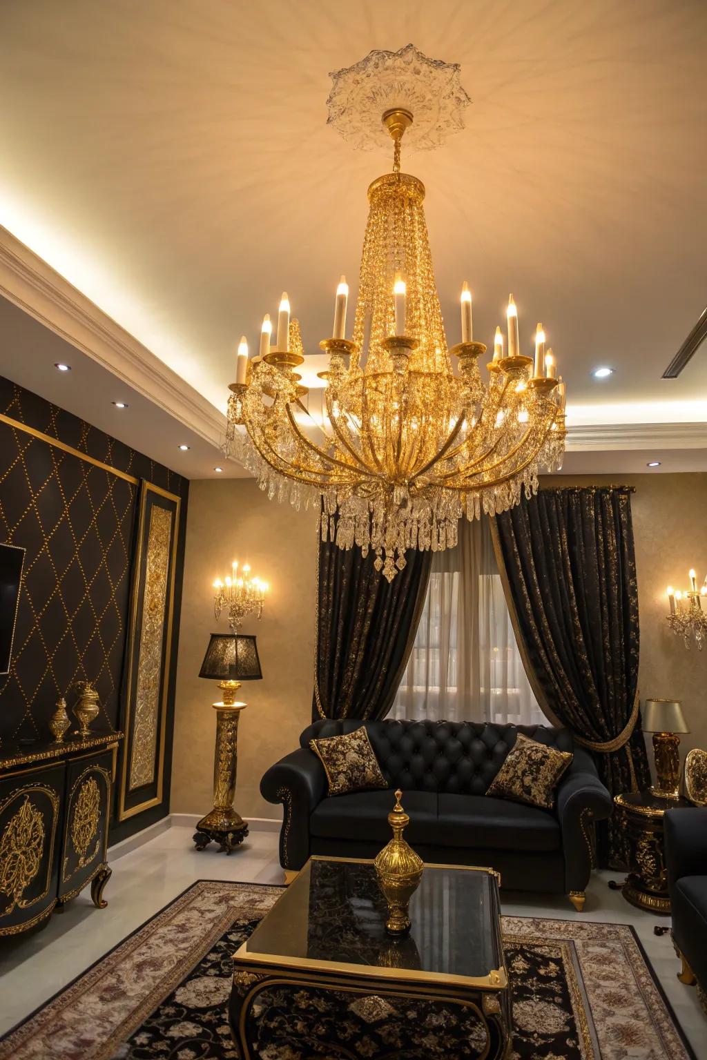 A golden chandelier as the centerpiece of a luxurious living room.