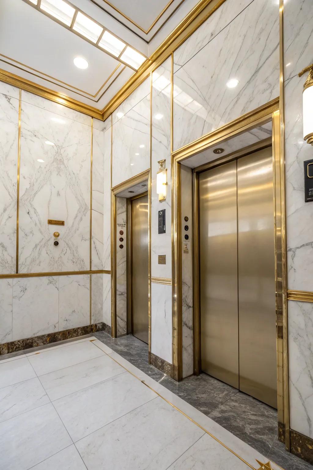 The timeless grace of marble is showcased in this contemporary elevator design.