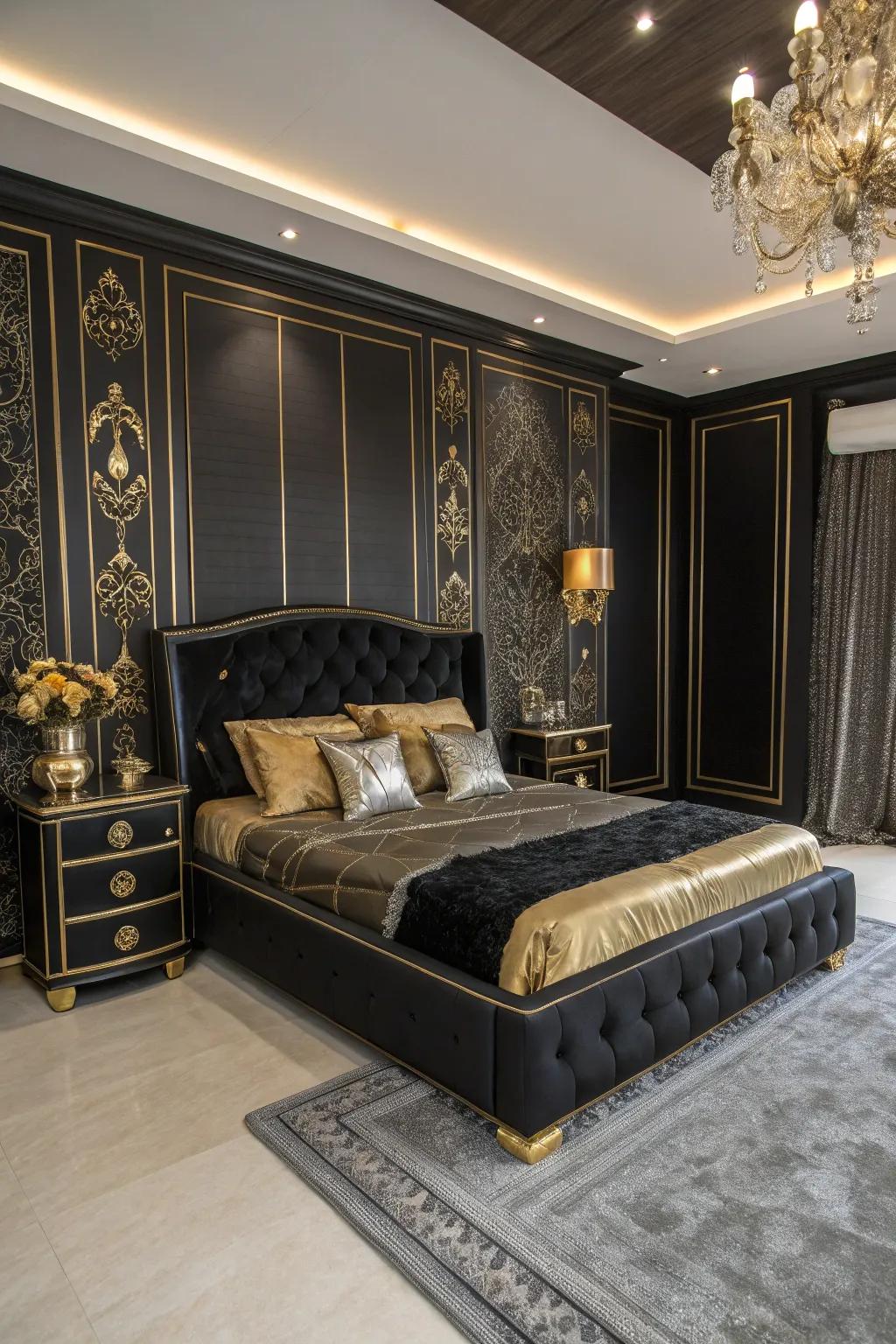 An elegant black bedroom enriched with golden and silvery details, creating an ambiance of pure sophistication.