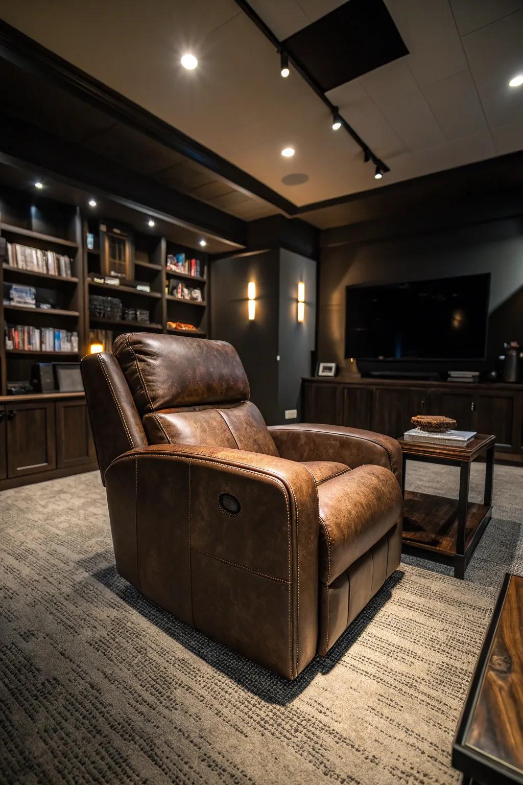 A timeless hideaway seat enhances the sophistication of your man cave.