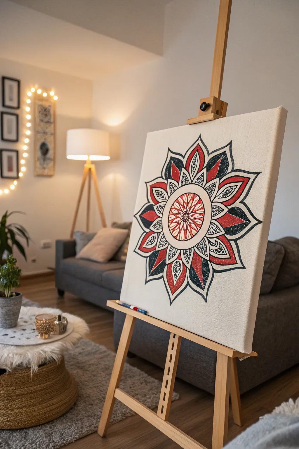 A simple circular motif design with striking colors enlivening a living room corner.
