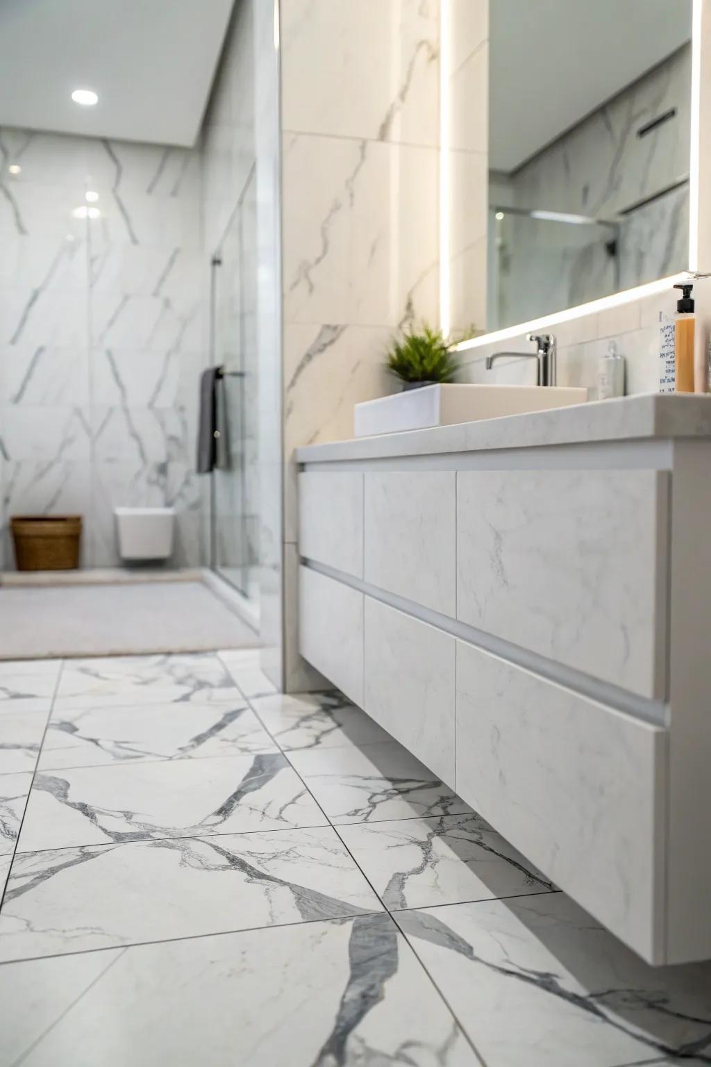 A serene bathroom featuring a neutral color palette with white and grey marble porcelain tiles.