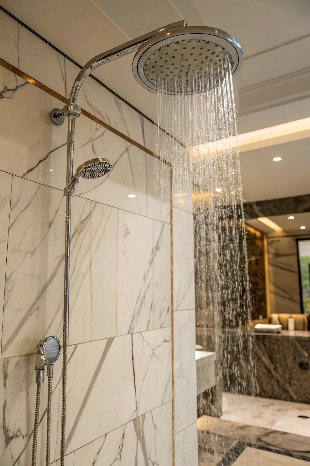 An elegant shower showcasing white marble tiles with delicate veining.