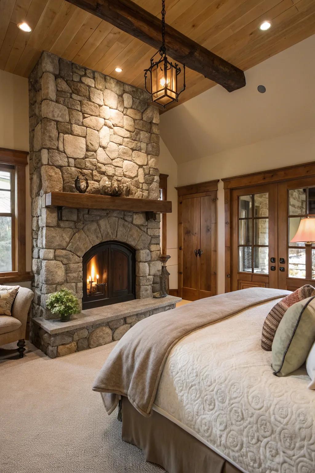 A classic stone fireplace brings timeless appeal to any main bedroom.