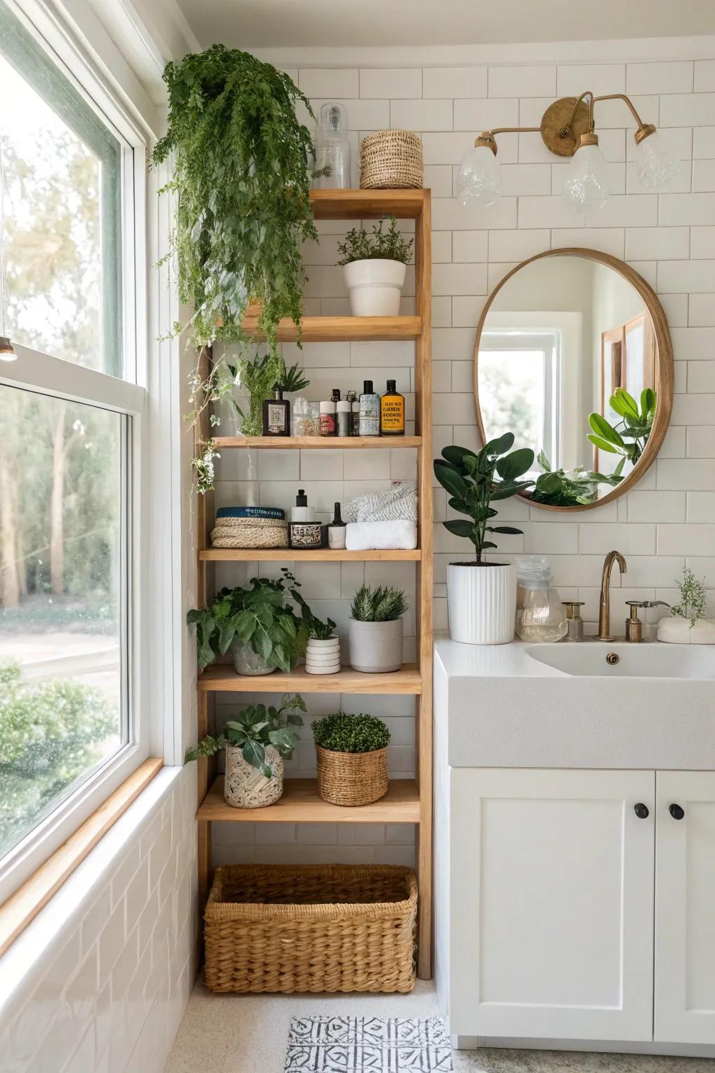 Open shelves offer both practicality and a dash of charm to any bathroom.