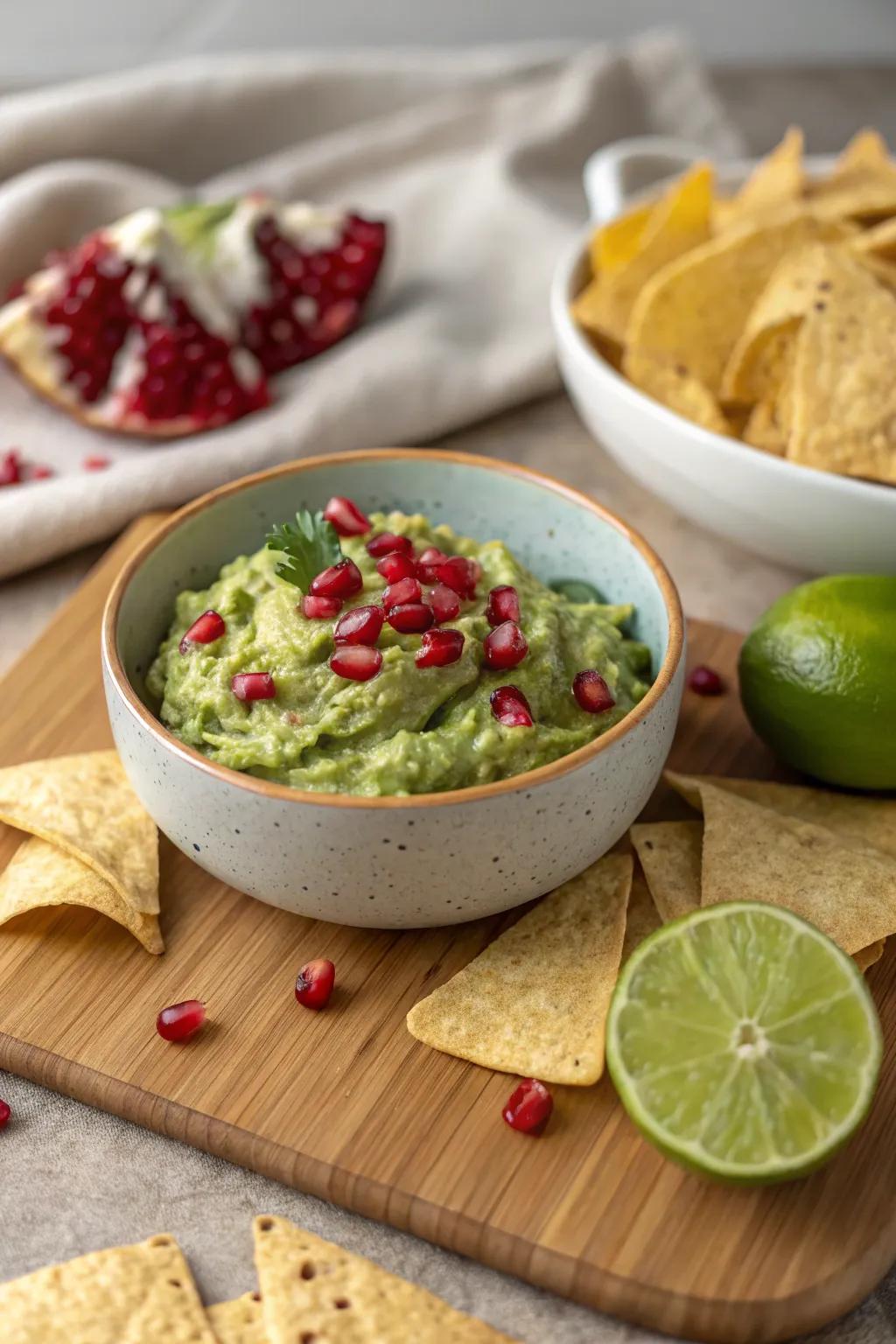 Guacamole gets an upgrade: pomegranate seeds offer a burst of color and taste.