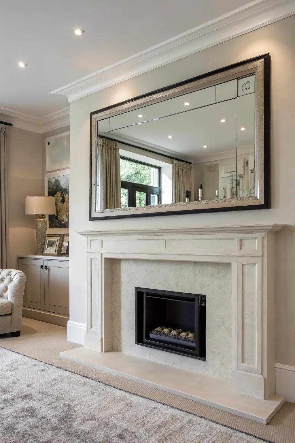 A frameless mirror complements a minimalist fireplace setting.