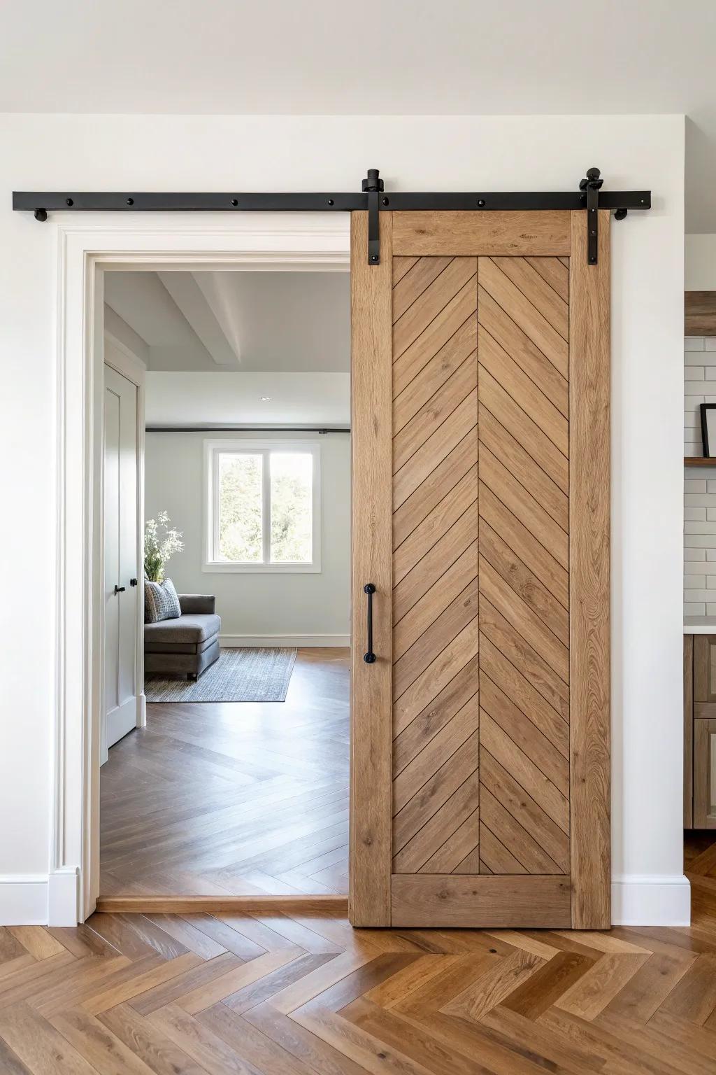 Herringbone patterns on a barn door add a bold touch to any room.