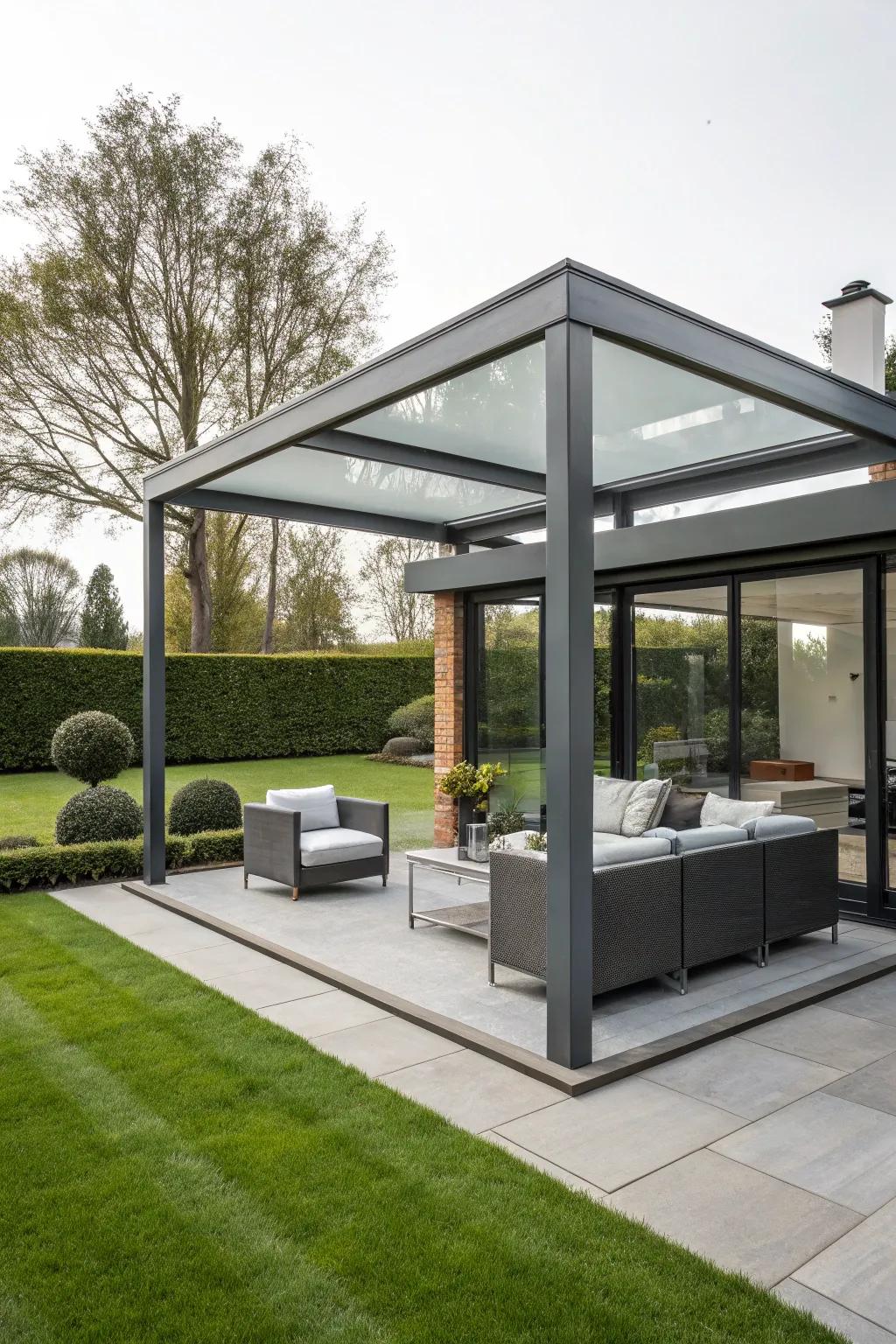 A minimalist steel and glass gazebo that perfectly blends with a modern backyard setting.