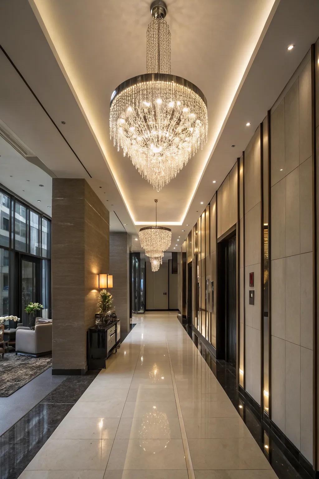 A dramatic chandelier introduces an element of luxury and flair to any hallway.