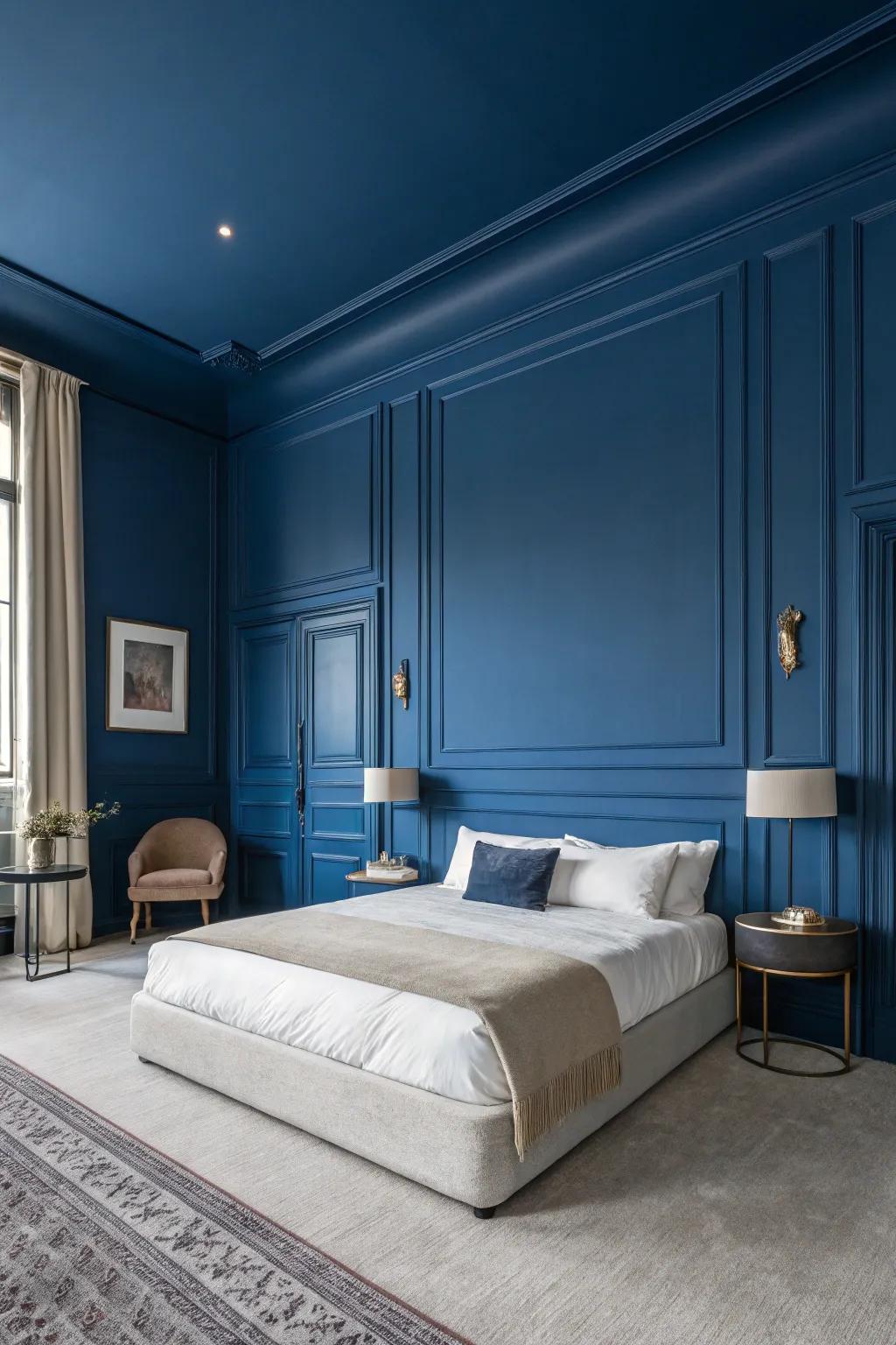 Walls painted in a profound royal blue provide a captivating and chic backdrop within a modern bedroom setting.