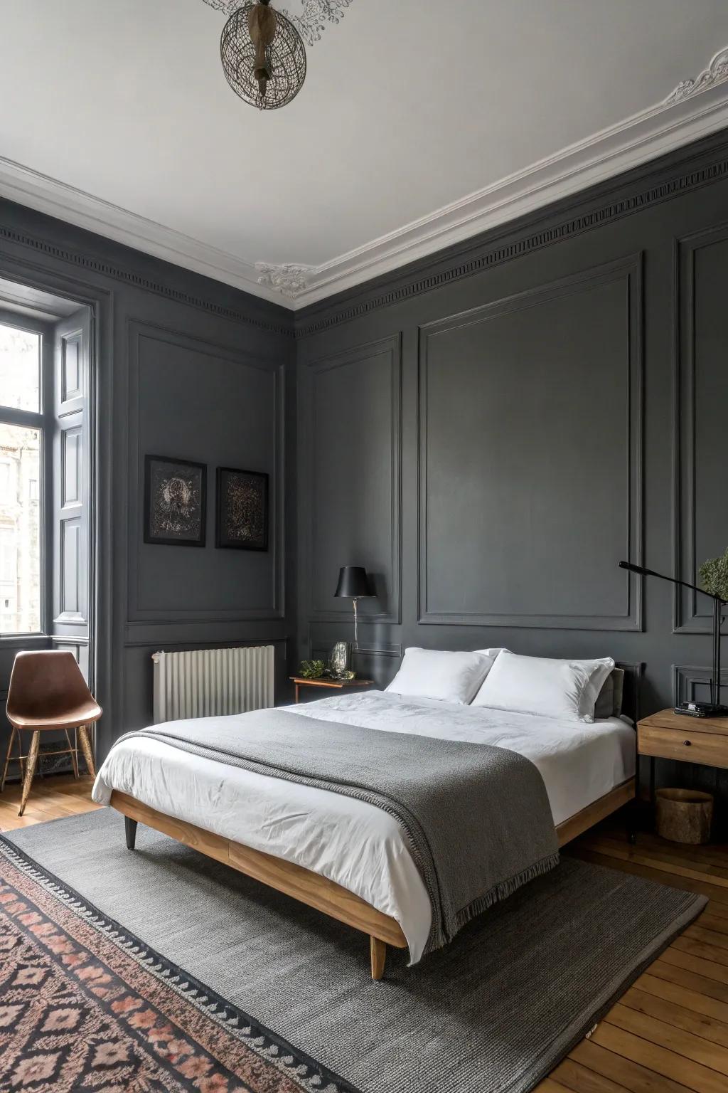 A bedroom featuring walls painted in graphite with minimalist decor.