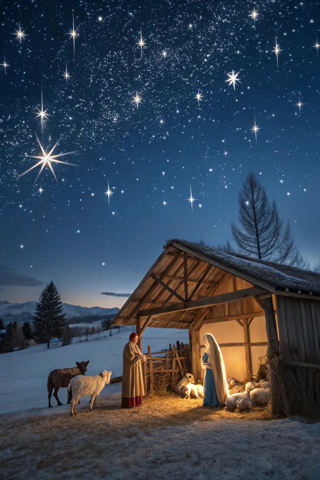 A starry night sky creates the perfect magical backdrop for your nativity scene.