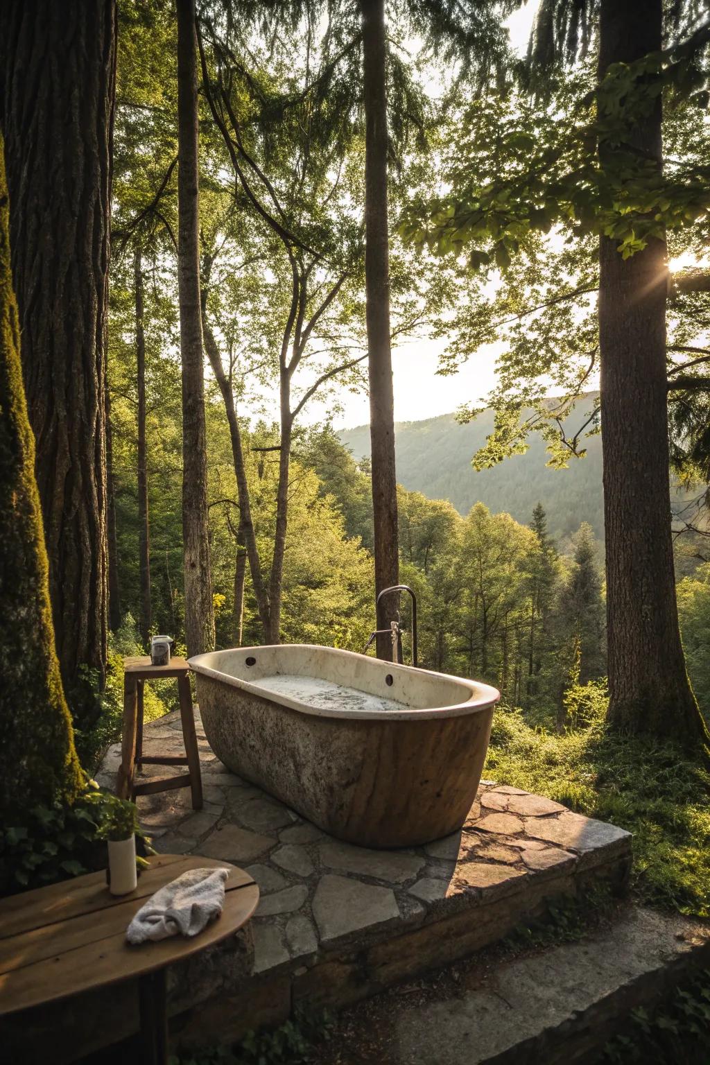 Discover serenity in a woodland retreat with a natural outdoor bathtub.