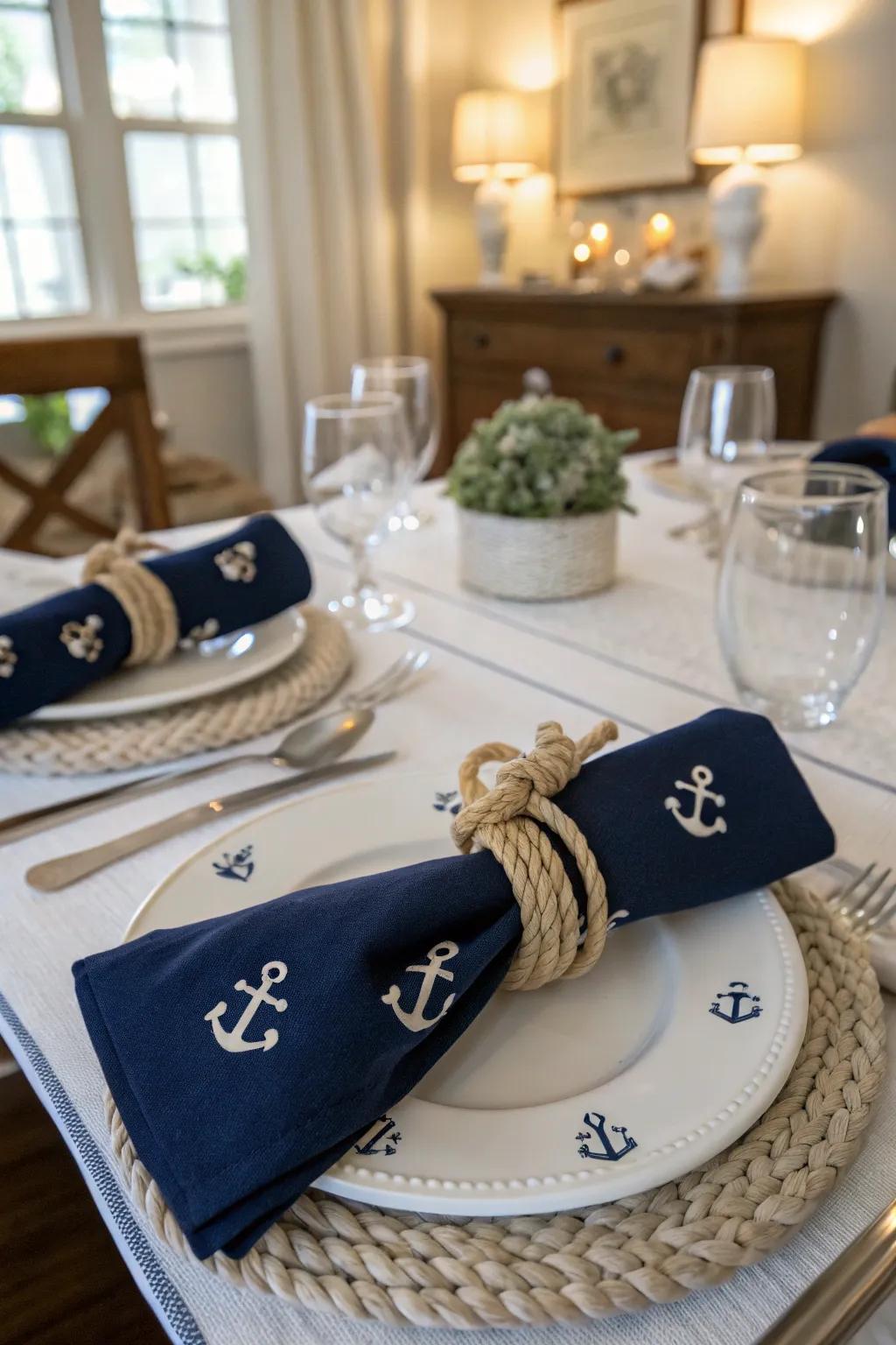 Navy and white set the stage for a nautical dining experience.