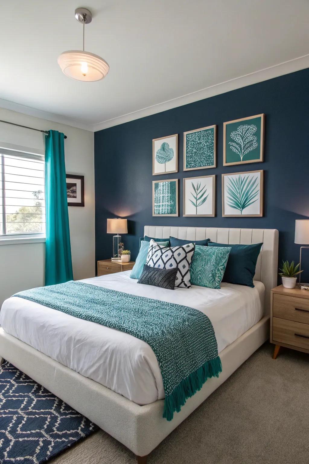 A navy statement wall introduces depth and a sense of drama to your bedroom.