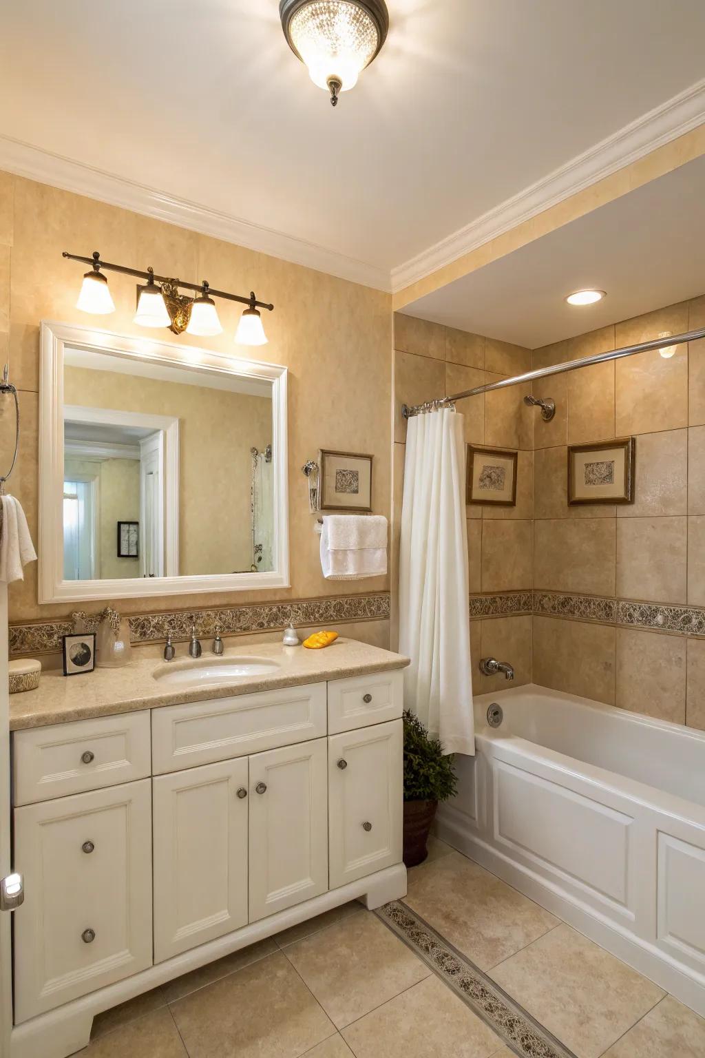 Warm beige walls create a soothing backdrop in this neutral bathroom.