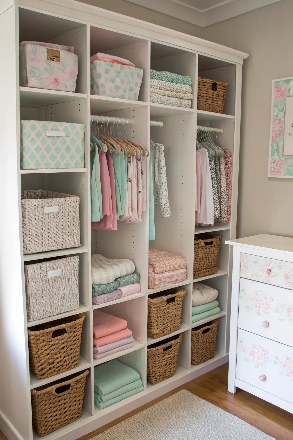 A nursery closet efficiently arranged with cubbies and baskets for supreme storage.