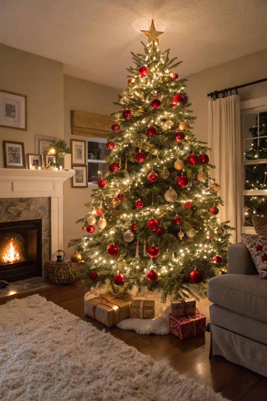 A traditional Christmas tree, embellished in crimson and gold, radiates ageless sophistication.