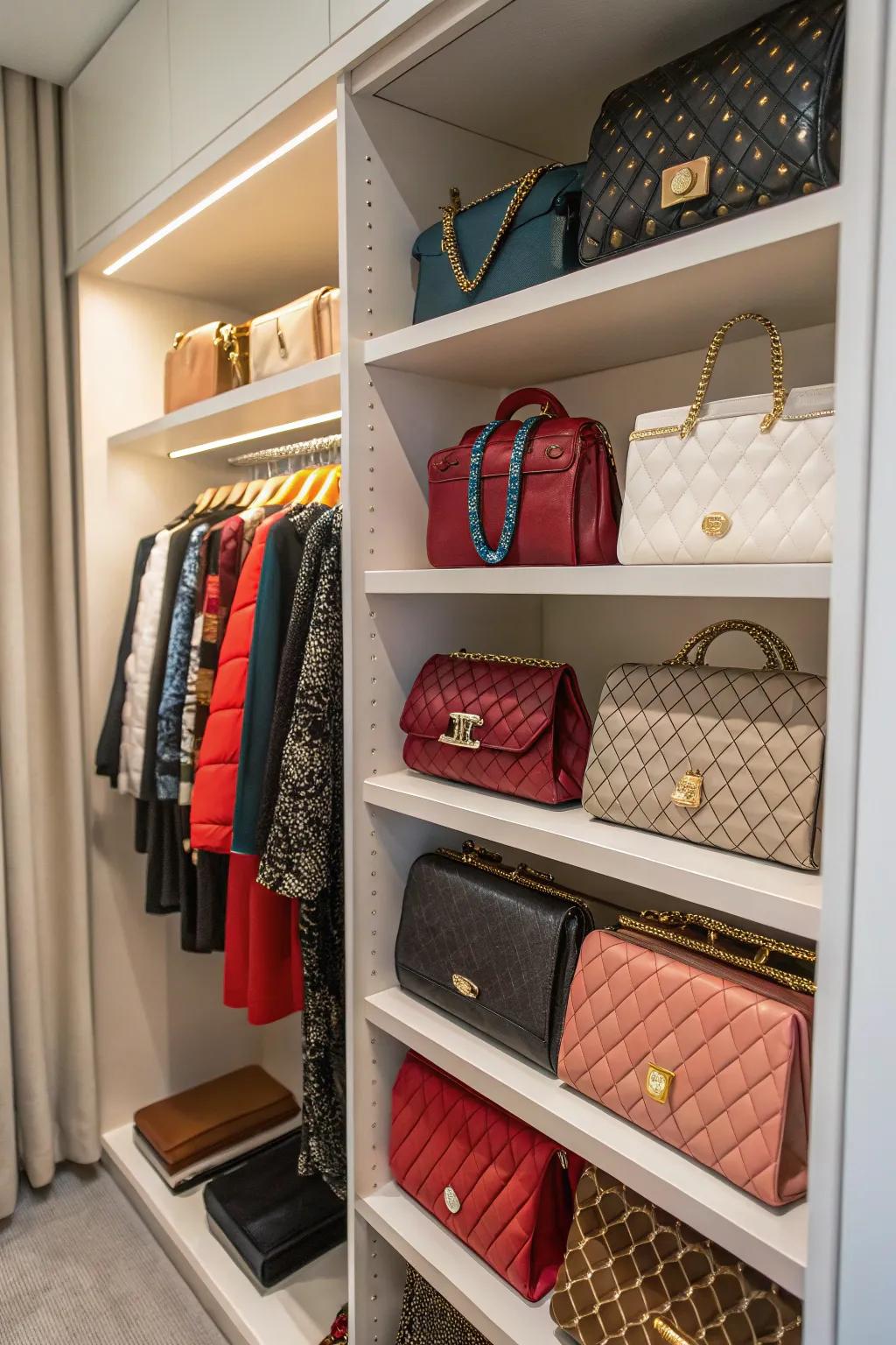 Adjustable shelves offer a versatile solution for purse organization.