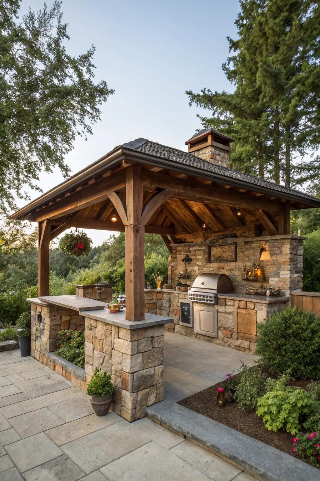Delight in the rustic appeal of a wood and stone outdoor kitchen gazebo.