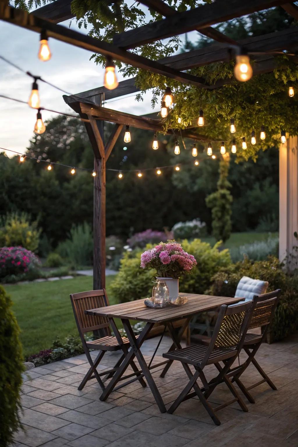 Watch your patio glow with the comfort of twinkle lights.