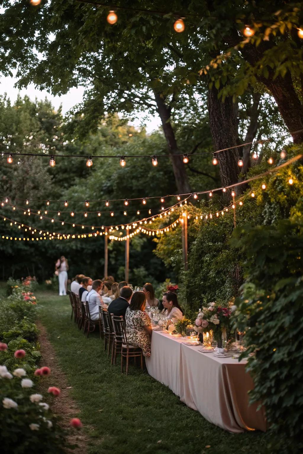 String lights create a magical atmosphere for an outdoor reception.