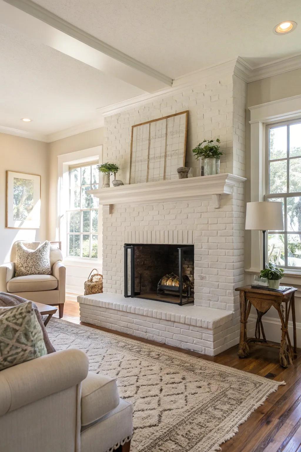 A classically painted white brick fireplace, brightening up any space.