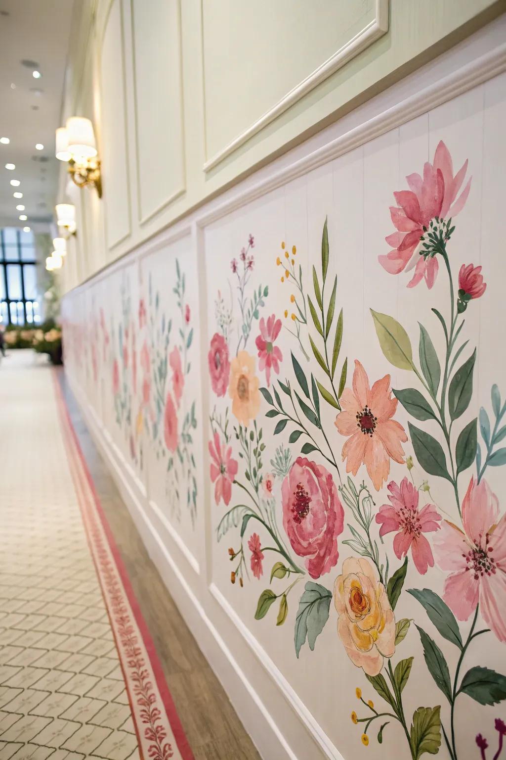 A hallway adorned with a watercolor floral border.