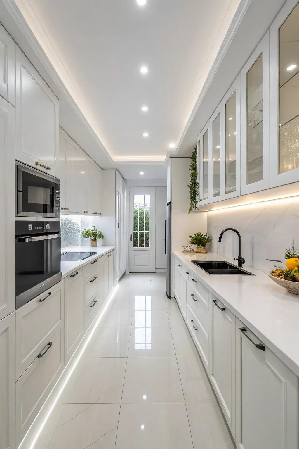 An all-white kitchen design that enhances space and elegance.