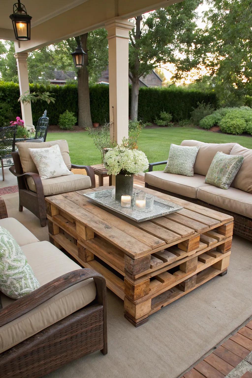 A hand-crafted pallet coffee table nestled among inviting patio seats.
