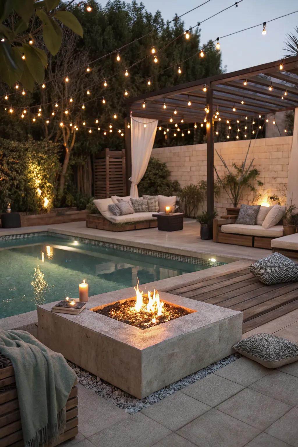 Create a warm ambiance by adding a fire pit next to your pool.