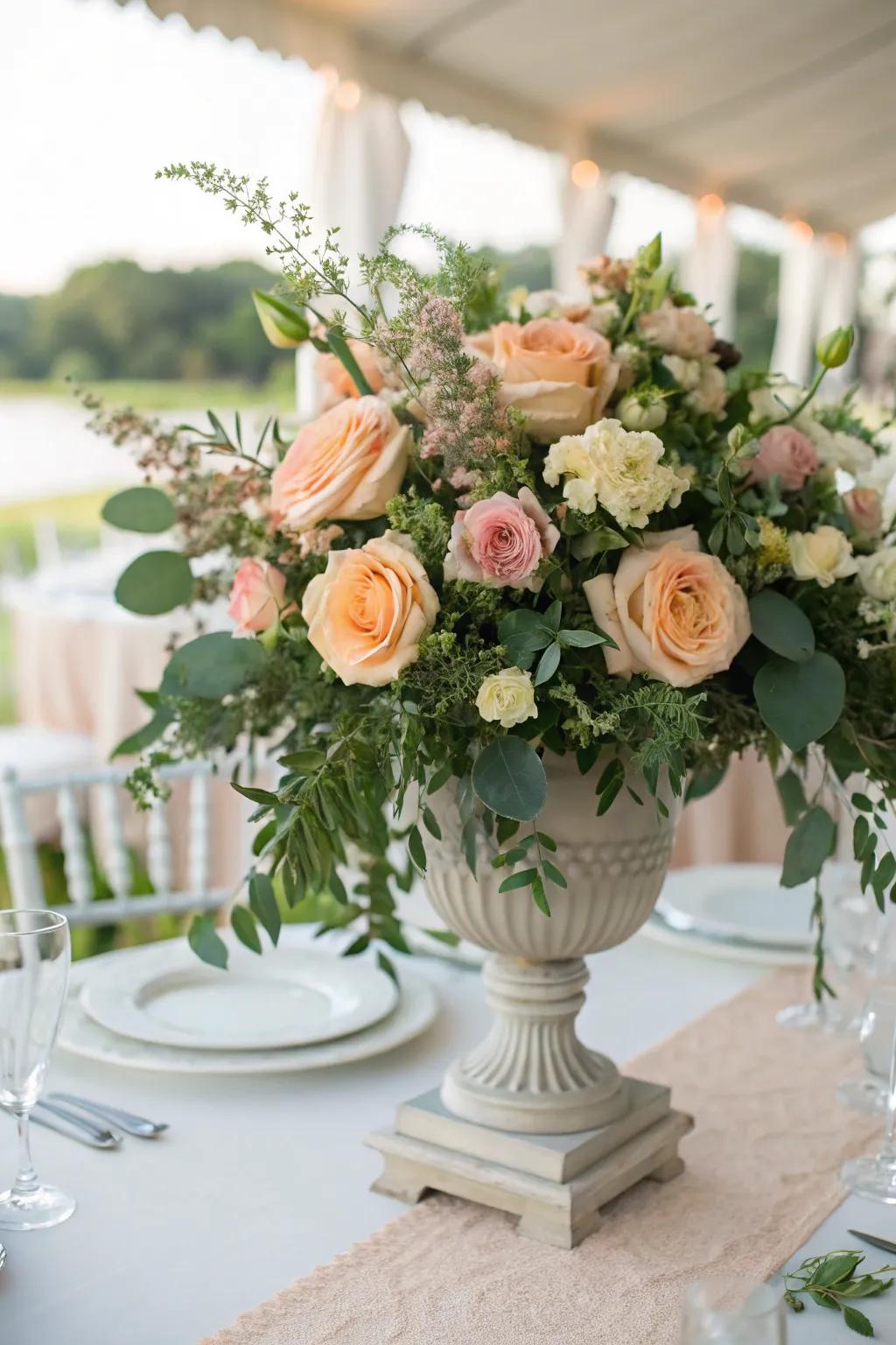 Abundant peach and verdant flower arrangements to enchant your attendees.