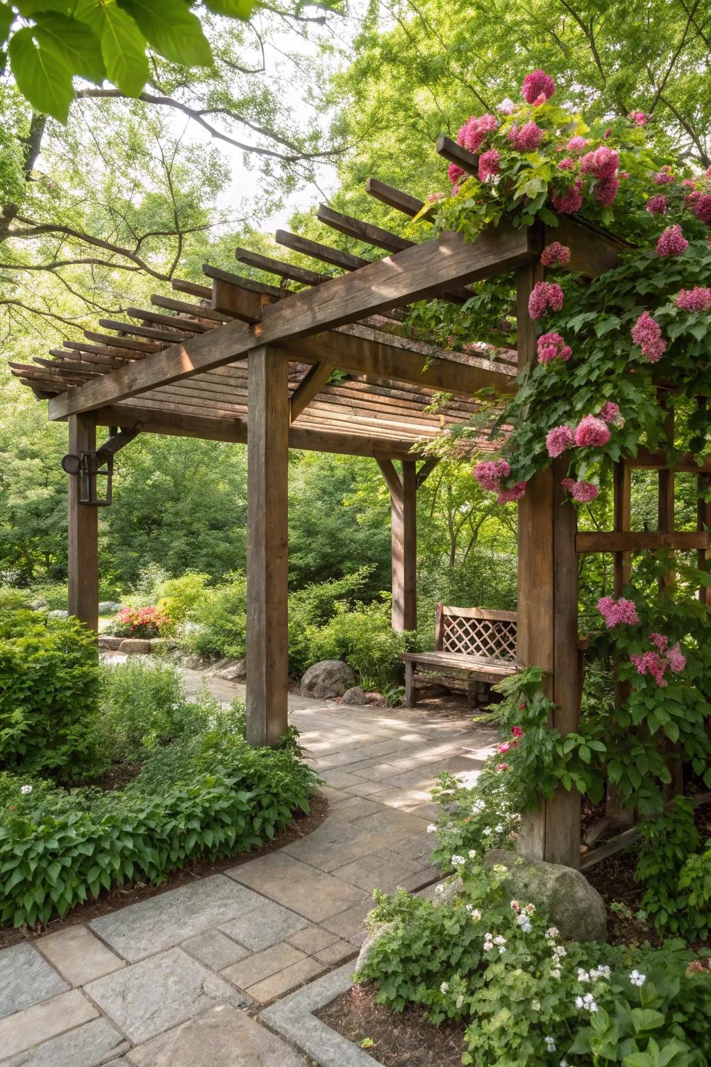 In a rich garden, a pergola with a strong wooden roof ensures total weather security.