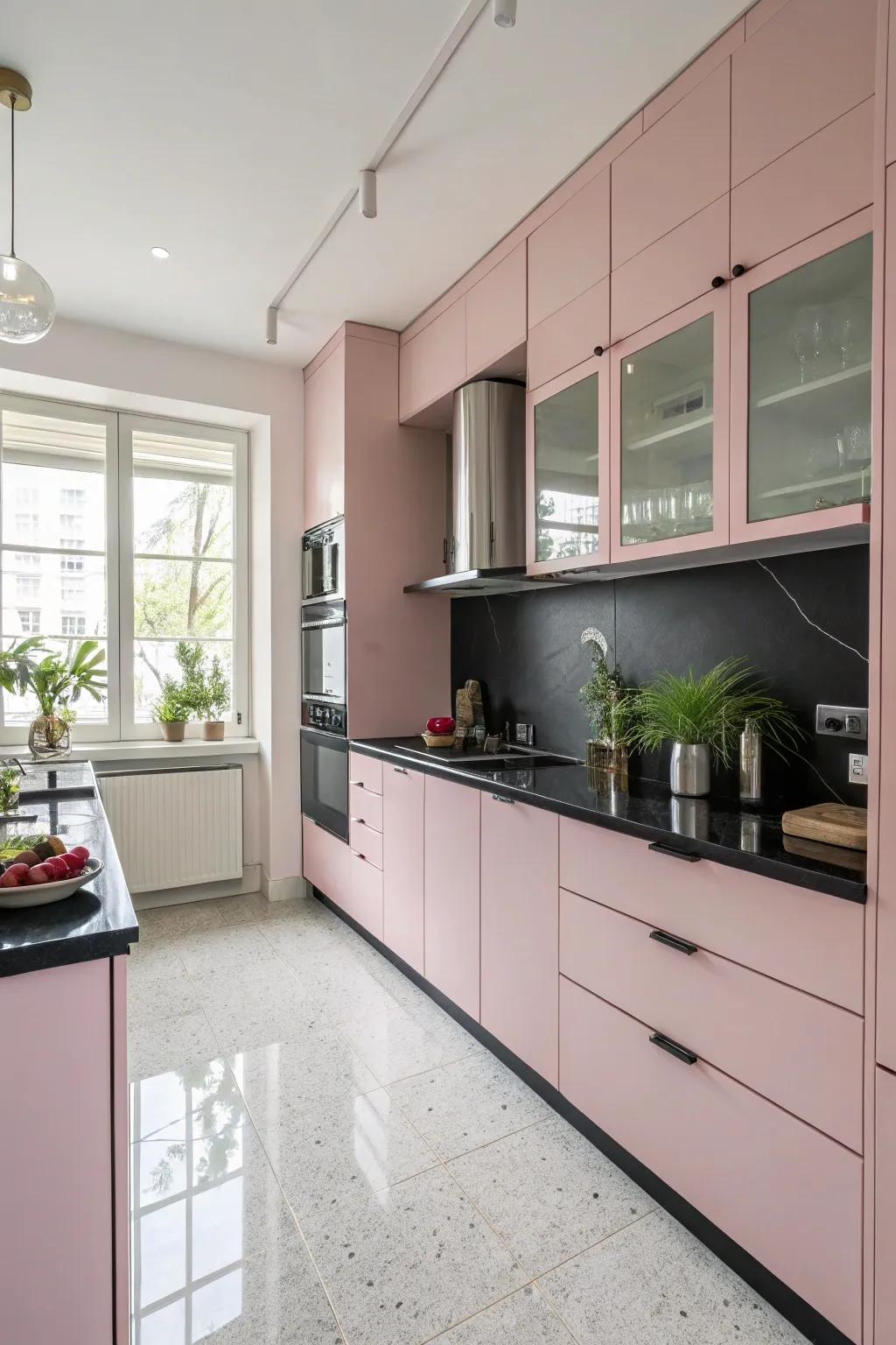 Vibrant pink cabinets complemented by dark countertops create a stunning visual contrast.