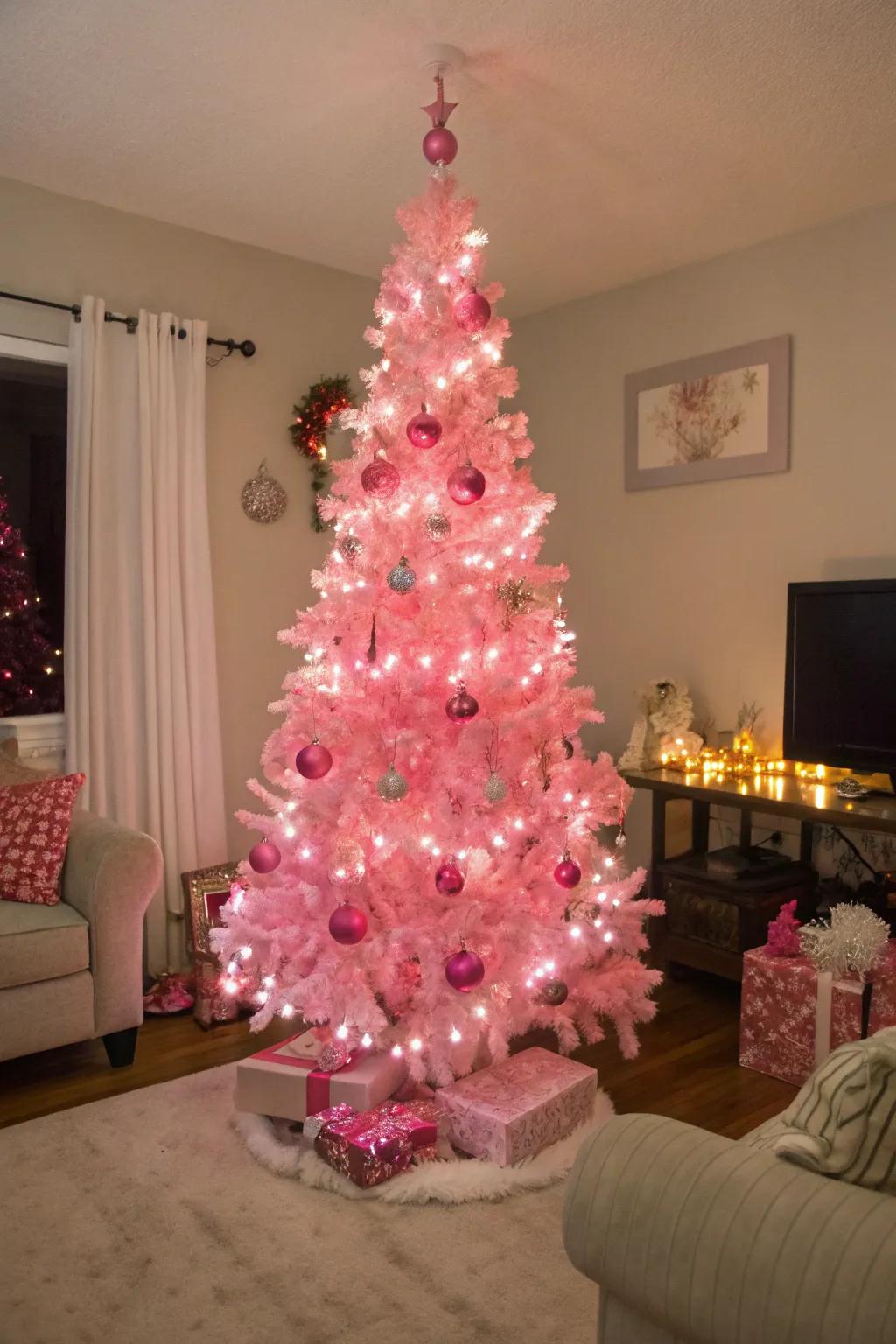 A gorgeous pink Christmas tree becomes the focal point.