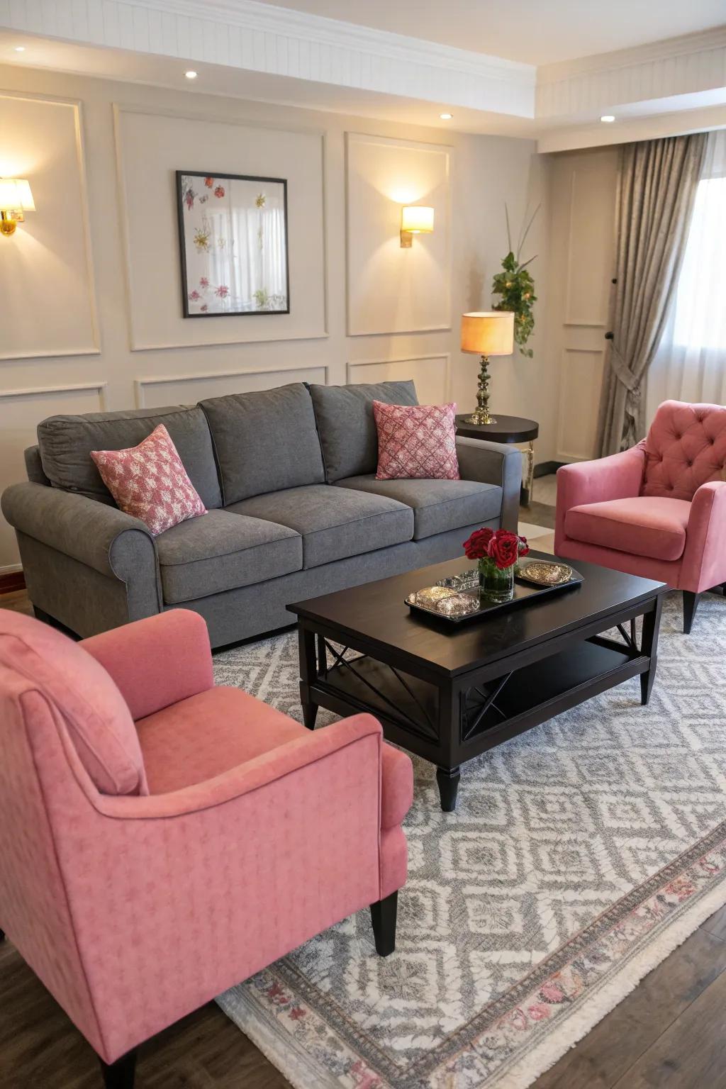 A grey sectional paired with pink accent chairs forms a captivating visual contrast.