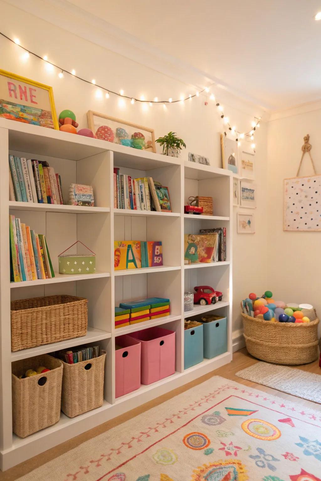 Exposed shelving showcases vibrant toys and books, tempting children to explore.