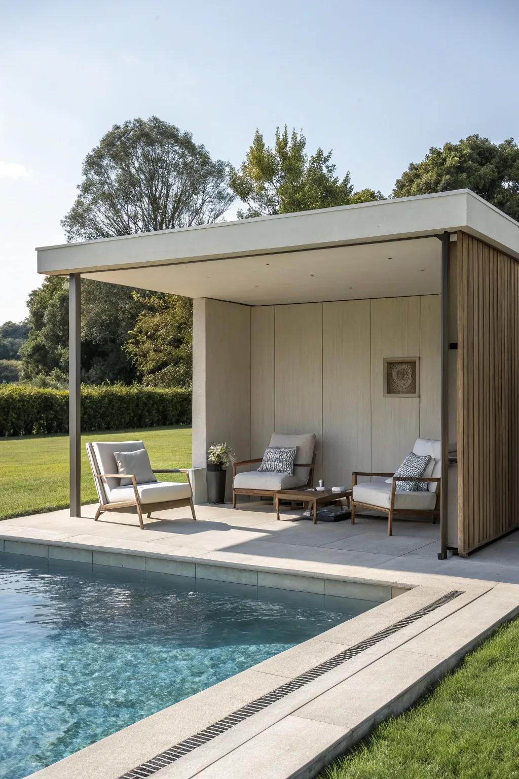 A minimalist cabana featuring clean lines and a neutral color scheme.