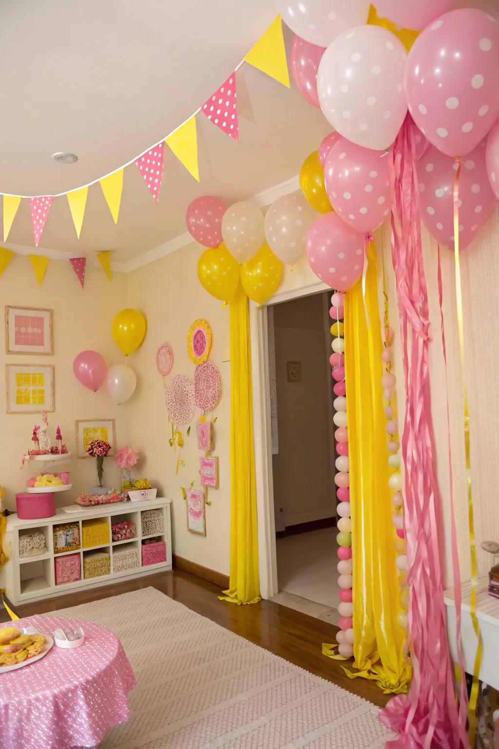 A room transformed with pink and yellow decor for a lively preppy party.