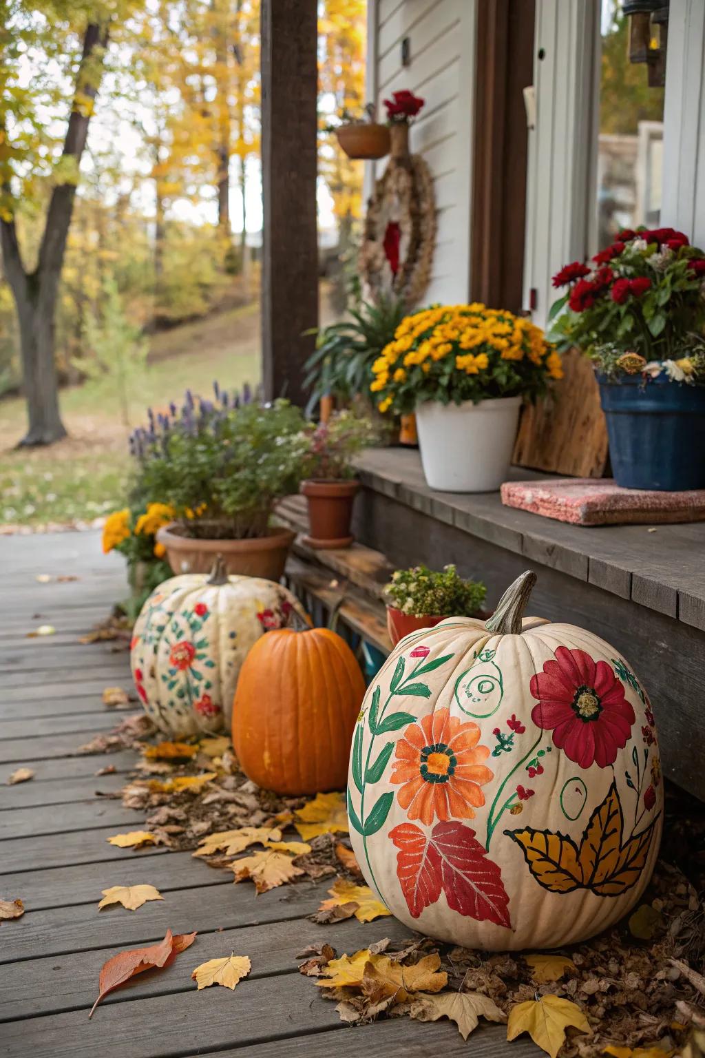Pumpkins adorned with vibrant floral artwork.
