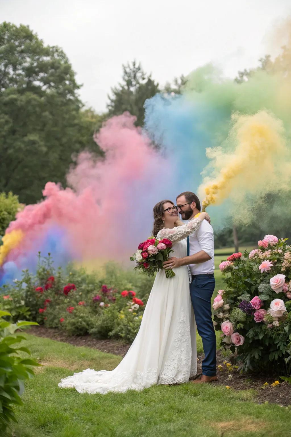 A couple striking a pose against a backdrop of rainbow-colored smoke for their wedding snapshots.