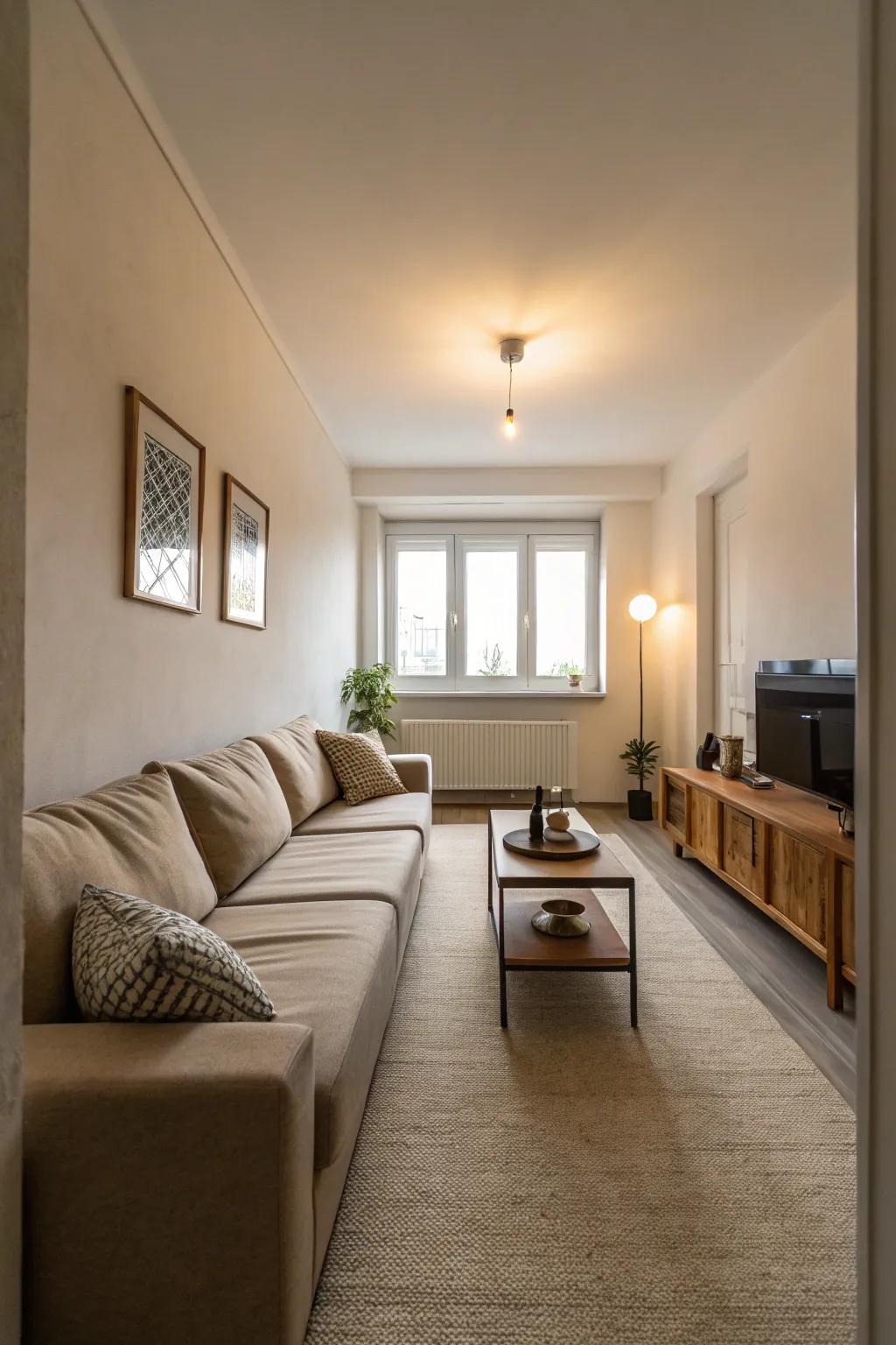 An L-shaped sofa forms a welcoming space in a slim living room.