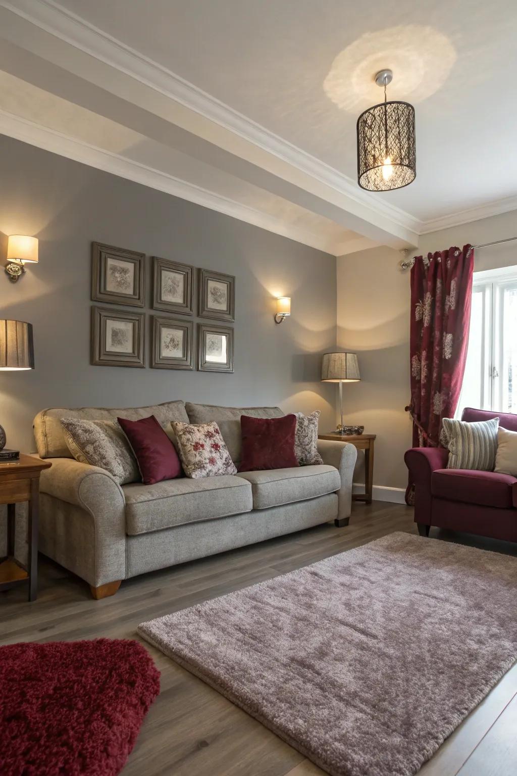 A welcoming living room, where gentle grey and saturated red harmonize to create perfect equilibrium.