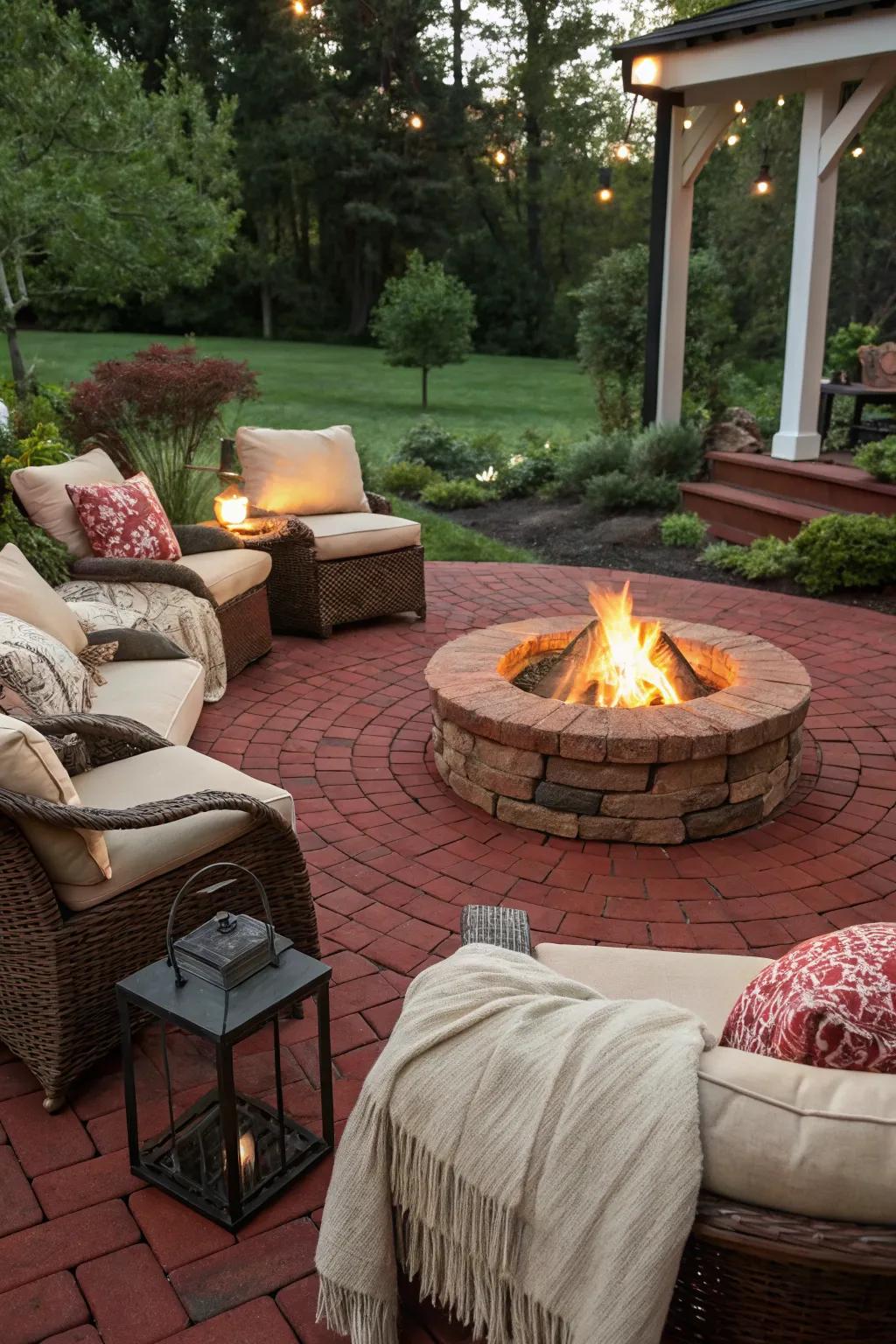 A red brick patio designed with a welcoming fire pit
